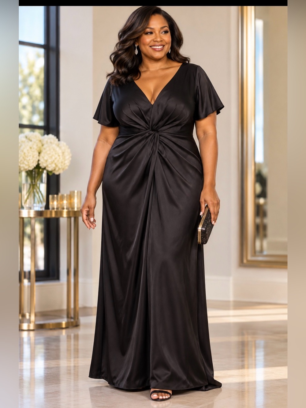 Stacees Black Satin Plus Formal Evening Gown Size 22 V-Neck Twist Front Maxi NWT